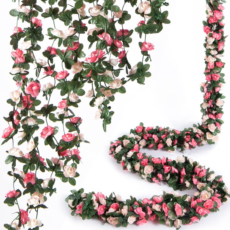 PONKING 8 Pcs x 8.2 ft Flower Garland Artificial Rose Vine Flowers with Green Leaves Hanging Fake Roses Vine for Room Party Home Wedding Birthday Christmas Wall Arch Decor, Spring Pink Flower - Image 1